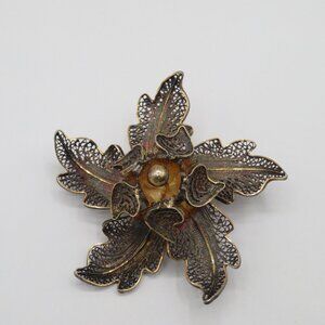 Vintage Topazio Portugal Filigree Floral 925 Brooch